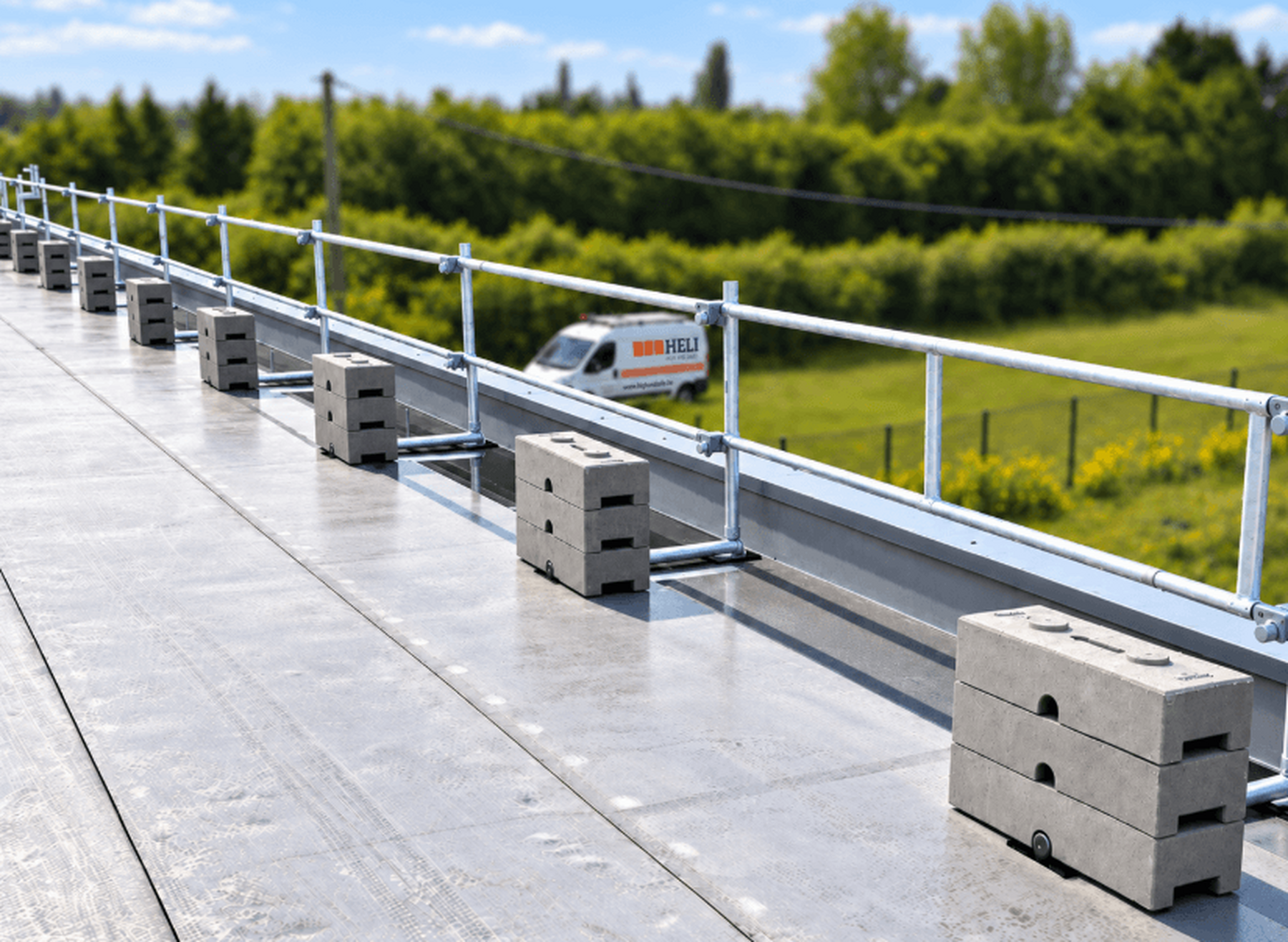 Layher Compact op een plat dak: balusters met ballast, geen enkele doorboring.