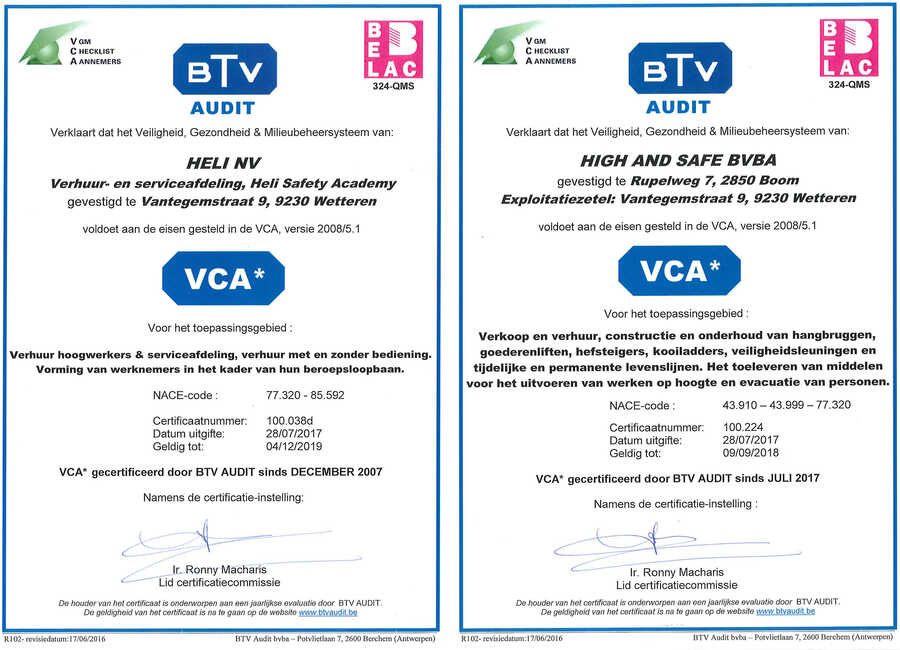 VCA certificaten Heli, HSA en High & Safe
